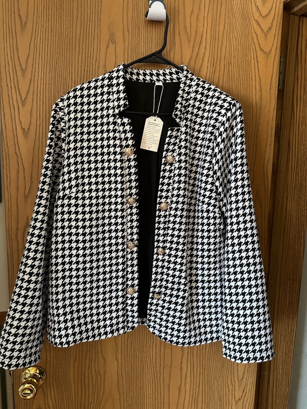 Cider Black & White Houndstooth Collarless Blazer with Gold Buttons